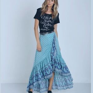 Aqua sunset road wrap skirt.